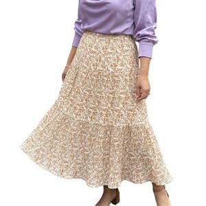 Alice Blue Floral Tiered Pleated Midi Skirt Brown Cream Elastic Waist Medium